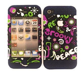 3 IN 1 HYBRID SILICONE COVER FOR APPLE IPHONE 4 4S HARD CASE SOFT DARK BLUE RUBBER SKIN GROOVY PEACE DB TE387 KOOL KASE ROCKER CELL PHONE ACCESSORY EXCLUSIVE BY MANDMWIRELESS: Cell Phones & Accessories