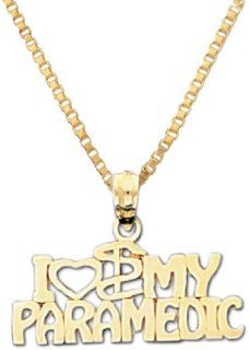 14k Yellow Gold I Love My Paramedic Medical EMT 16inch 1mm box chain Necklace: Pendant Necklaces: Jewelry