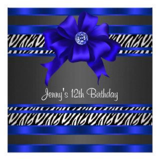 Royal Blue Zebra Girls 12th Birthday Party Invitation