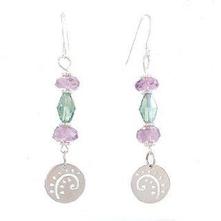 Round Cut Out Fern Leaf Dangle Earrings in Sterling Silver with Amethyst Gemstone and Green Swarovski Austrian Crystal Beads, #8092: Taos Trading Jewelry: Jewelry