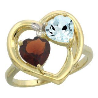 10K Yellow Gold Heart Ring 6mm Natural Garnet & Aquamarine Diamond Accent, sizes 5 10: Jewelry