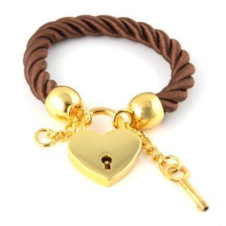 Charm Bracelet with Gold Plated Heart and Key Chain   Brown: Jewelry