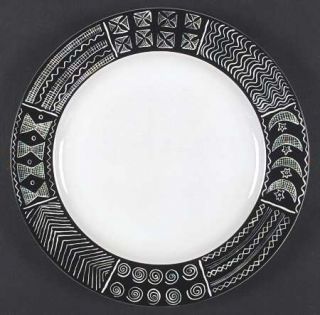 Sakura Batik Dinner Plate, Fine China Dinnerware   Black Rim W/White   Design, R