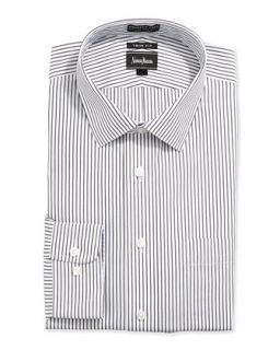 Trim Fit Non Iron Striped Dress Shirt, White/Gray