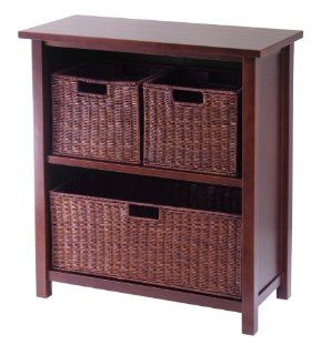 Winsome Wood Milan Wood 3 Tier Open Cabinet in Antique Walnut Finish and 3 Rattan Baskets in Espresso Finish   Shelves With Baskets