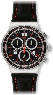 Swatch YVS404 Pudong Chronograph Black / Red Dial Leather Strap Men Watch NEW Swatch Watches