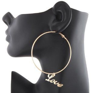 2 Pairs of Gold Dangling Script "Love" Charm Style 2.5 Inch Hoop Earrings: Lady Gaga Earrings: Jewelry