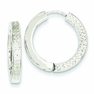 14K White Gold Textured and Polished Hollow Hinged Hoop Earrings: Jewelry
