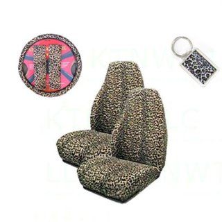A Set of 2 Universal Fit Animal Print High Back Bucket Seat Covers, Wheel Cover, 2 Shoulder Pads, and 1 Key Fob   Cheetah Tan: Automotive