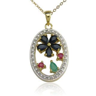 18k Yellow Gold Plated Sapphire Flower with Ruby, Emerald and Diamond Accent Pendant Necklace: Jewelry