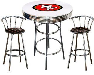 San Francisco 49ers Logo Themed 3 Piece Chrome Metal Finish Bar Table Set with Glass Table Top & 2 Swivel Seat 49ers Fabric Themed Bar Stools   Home Bars