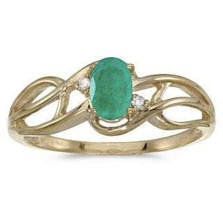 10k Yellow Gold Oval Emerald And Diamond Curve Ring: Jewelry