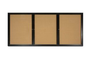 Enclosed Cork Bulletin Board, 8 x 4 Feet, 3 Doors, 96" x 48" Indoor Corkboard with Wall mounting Z bar Bracket, Black Aluminum Frame : Office Products