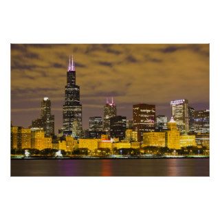 Chicago Skyline at Night with  Willis Tower Print