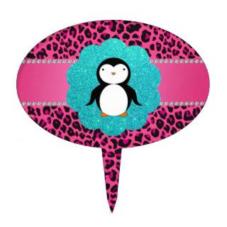 Fancy penguin pink leopard pattern cake toppers
