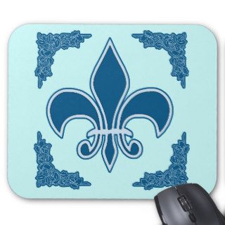 Blue Fleur de Lis with Ornate Border Mouse Pad