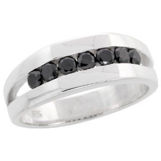 Sterling Silver Seven Stone Miracle Diamond Ring Band w/ Brilliant Cut (0.72 Carat) Black Diamonds, 9/32" (7mm) wide, size 8: Jewelry