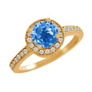 1.30 Ct Round Swiss Blue Topaz White Diamond 14K Yellow Gold Ring Engagement Rings Jewelry
