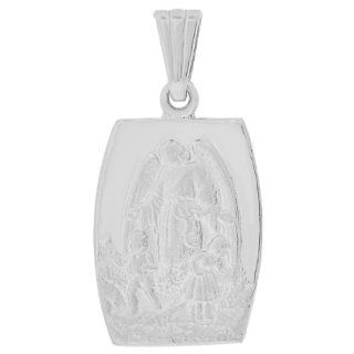 14k White Gold, Guardian Angel with Children Religious Medal Pendant Charm Rectangular Shape Jewelry