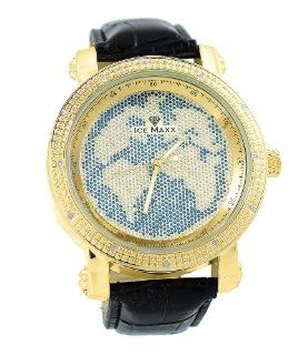 World Map Mens Diamond Watch 50mm Bezel Gold Tone Black Leather Strap: Watches