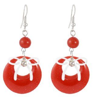 Red Plastic Circle Bead Pendant Fish Hook Earrings for Women: Dangle Earrings: Jewelry