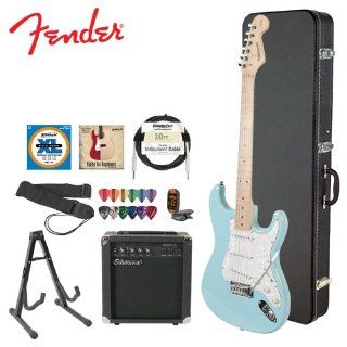 Starcaster by Fender JF 028 0002 504 KIT 4 Daphne Blue Electric Guitar with Stand, Strap, Strings, Case, DVD, Tuner, Pick Sampler, Cable and Amp: Musical Instruments