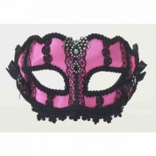 Retro 80s Neon Pink Black Lace Costume Venetian Eye Mask with Bows Rhinestone: Clothing