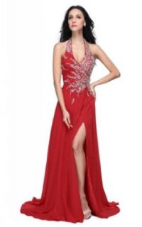 Joydress Women's Slit A line Halter Floor length Dress Red at  Womens Clothing store: