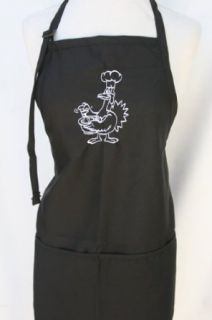 Black Embroidered Apron with cartoon Turkey cooking: Clothing