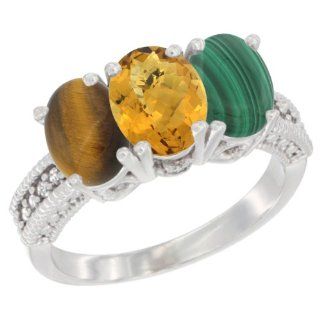14K White Gold Natural Tiger Eye, Whisky Quartz & Malachite Ring 3 Stone 7x5 mm Oval Diamond Accent, sizes 5   10: Jewelry