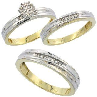 10k Yellow Gold Diamond Trio Engagement Wedding Ring Set for Him and Her 3 piece 5 mm & 3.5 mm wide 0.13 cttw Brilliant Cut, ladies sizes 5   10, mens sizes 8   14: Jewelry