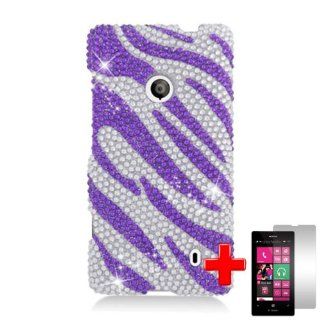 Nokia Lumia 521 (T Mobile) 2 Piece Snap on Rhinestone/Diamond/Bling Case Cover, Purple/Silver Tribal Pattern Cover + LCD Clear Screen Saver Protector: Cell Phones & Accessories