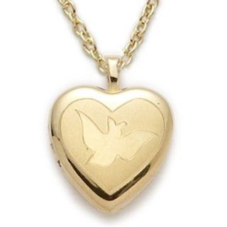 Highest Quality 14K Gold over .925 Sterling Silver Engraved Holy Spirit Peach Dove Heart Locket Women's Religious Jewelry Religious Heart Jewelry w/Chain Necklace 18" Length: Jewelry