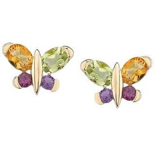 14k Yellow Gold Multicolor Stone Butterfly Earrings: Jewelry