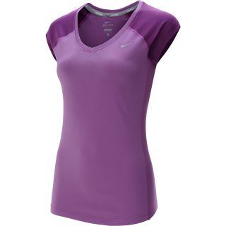 NIKE Womens Miler V Neck Cap Sleeve Running T Shirt   Size Small, Violet/grape