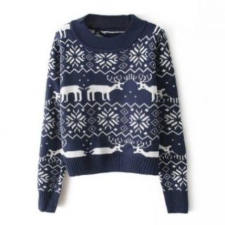 ZLYC Women's Cute Deer Print Round Collar Long Sleeve Pullover Short Sweater (navy blue) Christmas Sweater