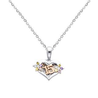 14K White Gold 15 Aos CZ Charm Pendant with White Gold 1.2mm Side Diamond cut Rolo Cable Chain Necklace with Spring ring Clasp   16" Inches   Pendant Necklace Combination: The World Jewelry Center: Jewelry