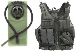 GMG Global Military Gear Stealth Black Tactical Scenario Military Hunting Assault Vest w/ Right Handed Quick Draw Pistol Holster and Heavy Duty Mag Pouch Belt + OD Olive Drab Green 2.5 Liter / 84 oz. Replacement Hydration Backpack Water Bladder Reservoir  