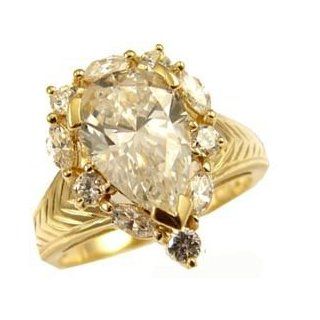 14k Yellow Gold, Vintage Design Lady's Engagement Ring Pear Shape Created Gems: Jewelry