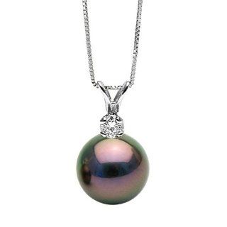Cultured Saltwater Black Tahitian Pearl and .10ct Diamond Accent Glimmer Pendant, Size 10.0 11.0mm   14K White Gold Bale and Box Chain: Jewelry