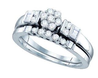 Ladies 14K White Gold .54ct Baguette Round Cut Diamond Flower Wedding Engagement Bridal Ring Set: Jewelry