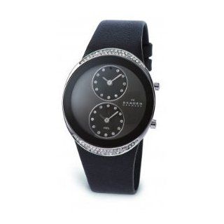 Skagen Women's Diamond Accented Leather Strap Dual Time Zone Watch #552LSLB: Watches