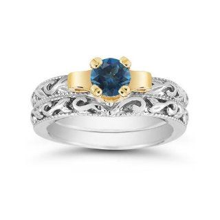 1/2 Carat Art Deco London Blue Topaz Bridal Ring Set: Wedding Ring Sets: Jewelry