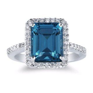 14K Emerald Cut London Blue Topaz and Diamond Ring: Jewelry
