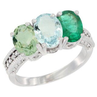 14K White Gold Natural Green Amethyst, Aquamarine & Emerald Ring 3 Stone 7x5 mm Oval Diamond Accent, sizes 5   10: Jewelry