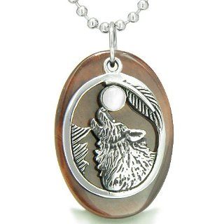 Amulet Courage Howling Wolf and Moon Lucky Charm in Red Tiger Eye White Cats Eye Gemstones Pendant 22" Stainless Steel Necklace Jewelry