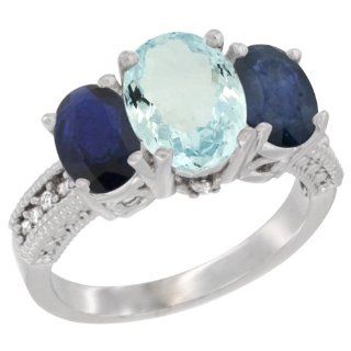 10K White Gold Natural Aquamarine Ring Ladies 3 Stone 8x6 Oval with Blue Sapphire Sides Diamond Accent, sizes 5   10: Jewelry