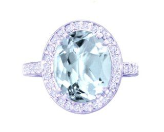 14K White Gold Large Oval Gemstone and Diamond Engagement Ring Aquamarine, size5: diViene: Jewelry