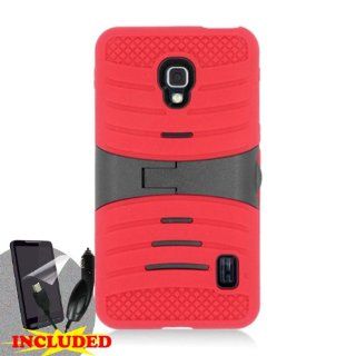 LG Optimus F6 D500 / MS500 (T Mobile/MetroPCS) 2 Piece Silicon Soft Skin Hard Plastic Kickstand Case Cover, Red/Black + CAR CHARGER & SCREEN PROTECTOR: Cell Phones & Accessories