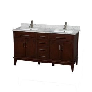 Wyndham Collection Hatton 60 in. Double Vanity in Dark Chestnut with Marble Vanity Top in Carrara White and Square Sinks WCV161660DCDCMUNSMXX